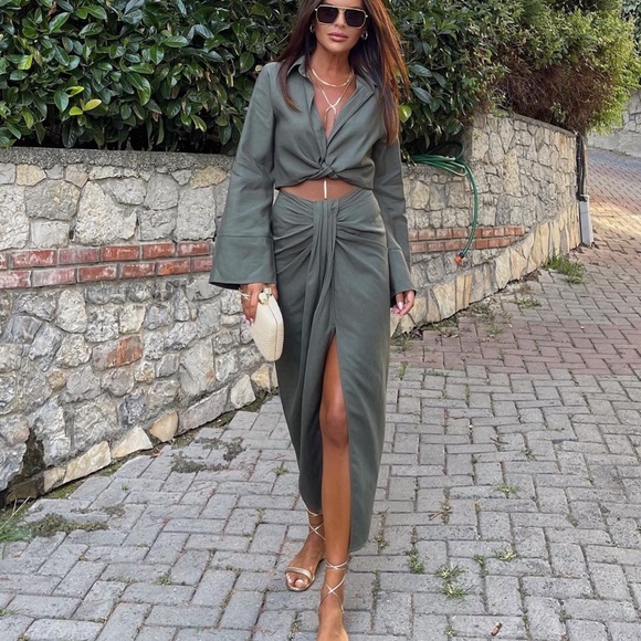 ZARA 2 Piece Linen Top And Knotted Skirt Dark Khaki - Picture 8 of 8